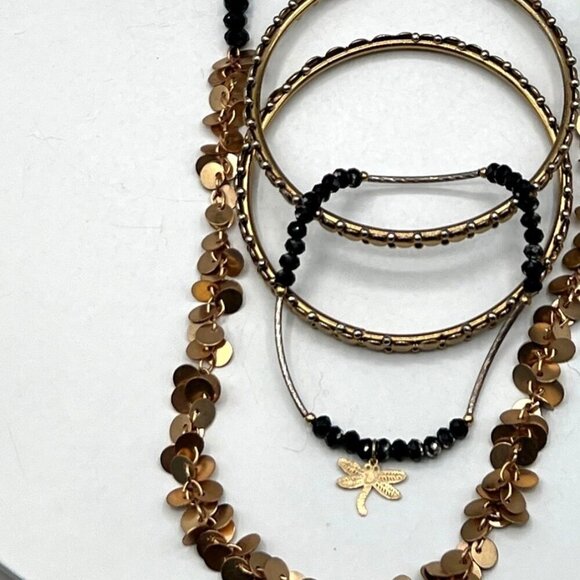 Gold & Black Beaded Jewelry Set: Layered Necklace 2  Bangles & 2 Bracelets. - Picture 3 of 10
